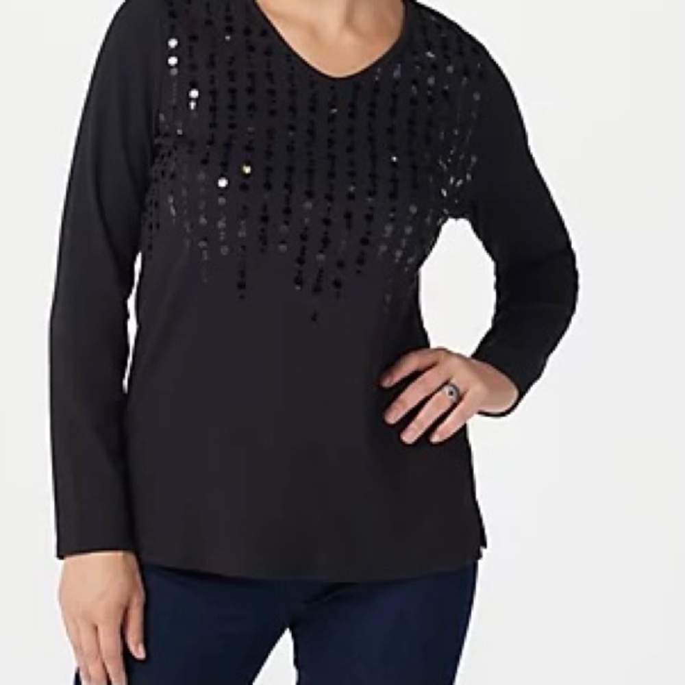 Quacker Factory Black Sequined Ribbed Knit Top - image 1